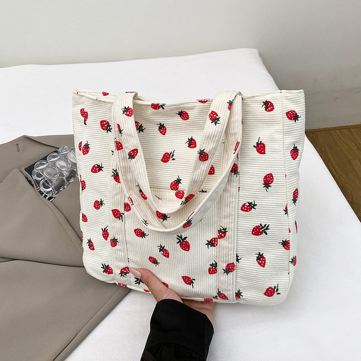 Verspielte Erdbeer-Print Corduroy Tragetasche Karnz