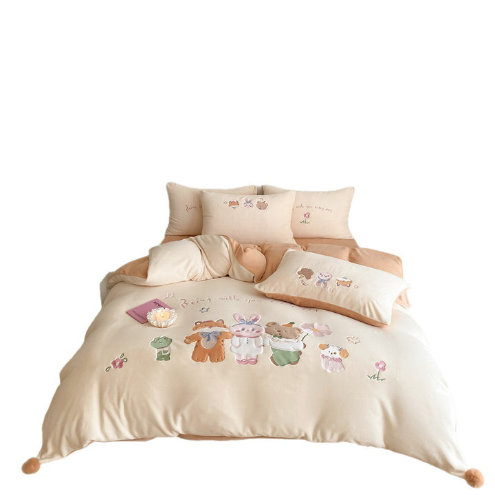 Kinder bestickte Applikations Baumwollsatin Bettbezug Set mit Cartoon Tiermotiven