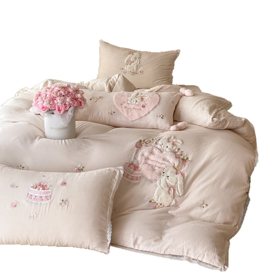 Plüsch Applikation Hase Satin Bettbezug Set mit zarter Spitzenborte