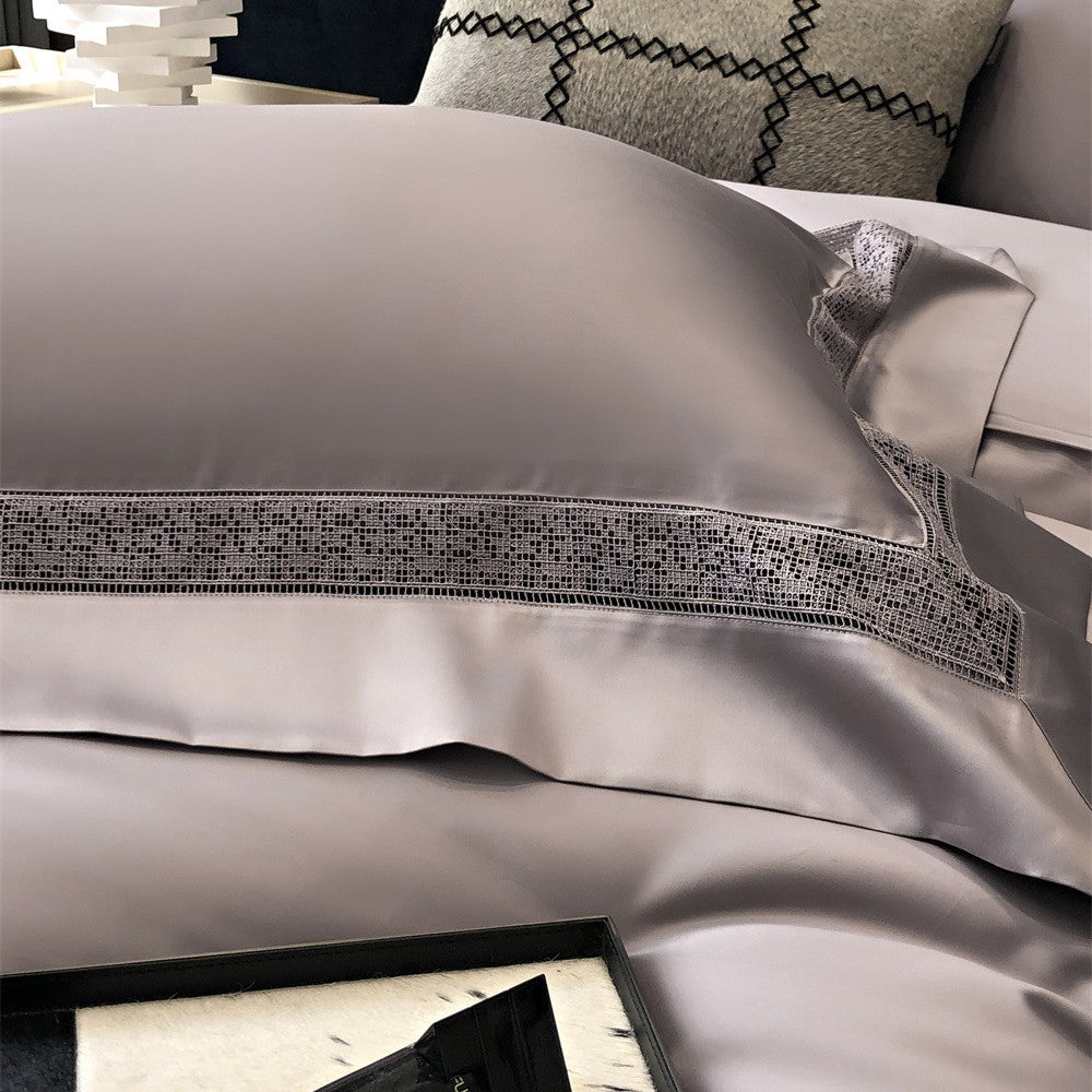 Premium-Baumwollsatin-Bettbezug-Set mit dekorativer Lochstickerei und verdecktem Hotelverschluss