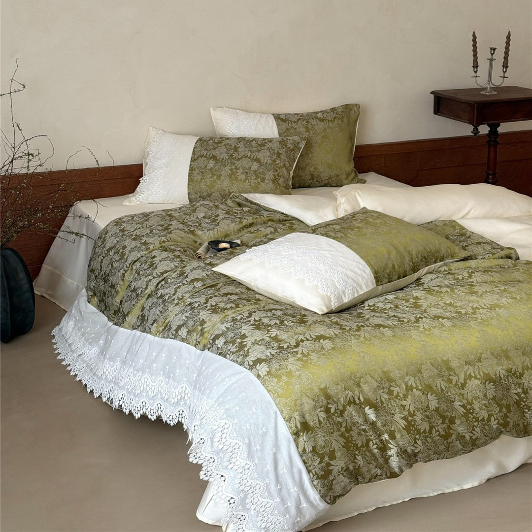 Wendbare botanische Jacquard Bettwäsche mit Spitzenbesatz Satinbettlaken und bestickten Euro-Kissenbezügen