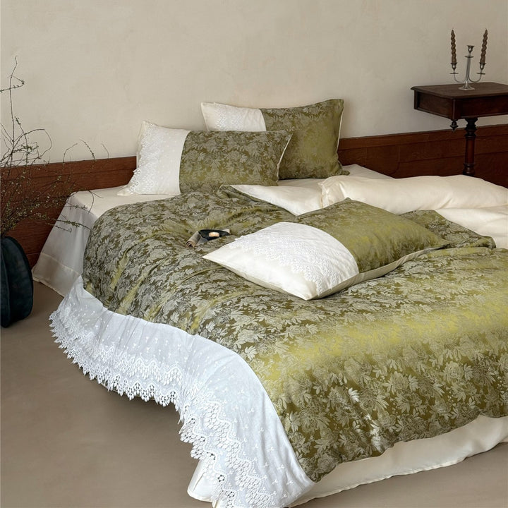 Wendbare botanische Jacquard Bettwäsche mit Spitzenbesatz Satinbettlaken und bestickten Euro-Kissenbezügen