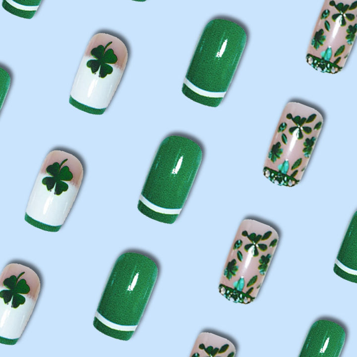 Glamouröses Press-On Nagelkunst-Set mit Kleeblattmotiv Karnz