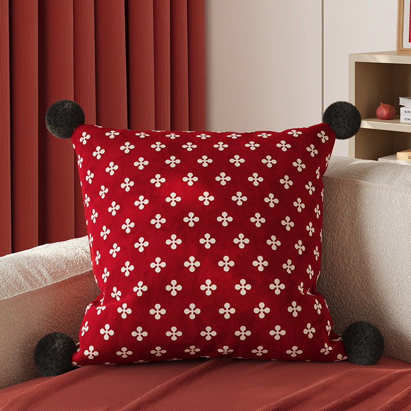Decorative Square Pom-Pom Throw Pillow Cover with Jacquard Floral Motif