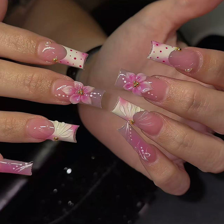 Künstlerisches florales und Pünktchen Press-On Nagelset Karnz