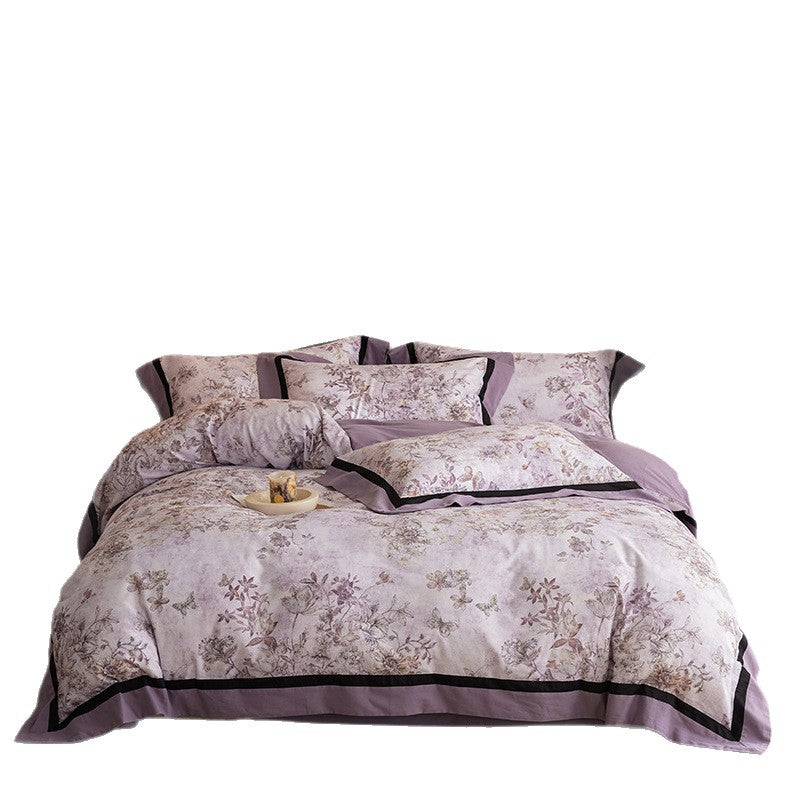 Vintage Floral Sating Bettbezug Set mit schwarzem Saum und Umschlagkissenbezügen