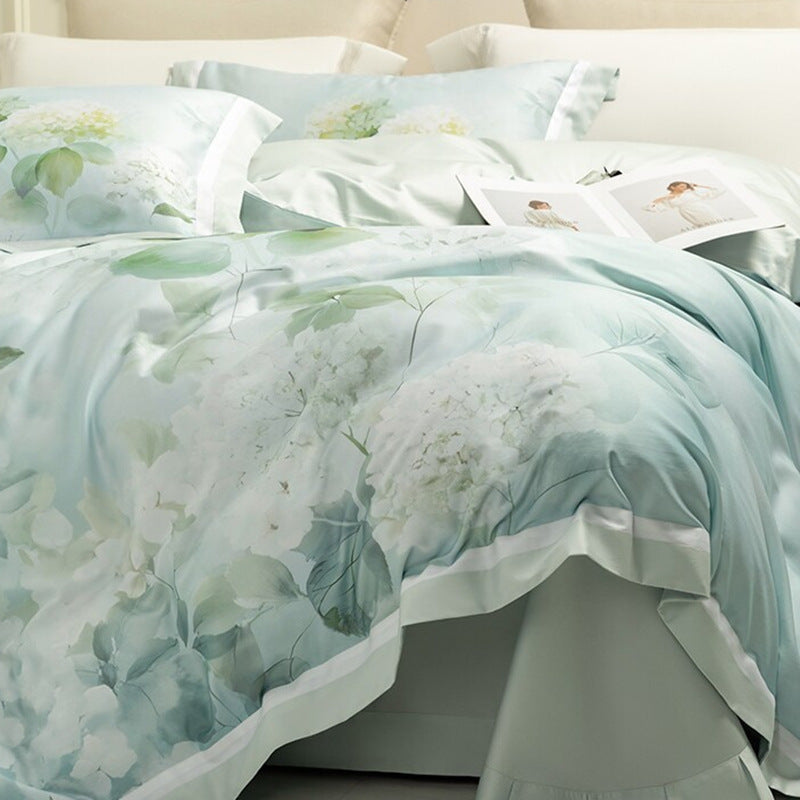 Pastellblumen Baumwollsatin Bedrucktes Bettbezug-Set mit Satinbesatz Bettrock