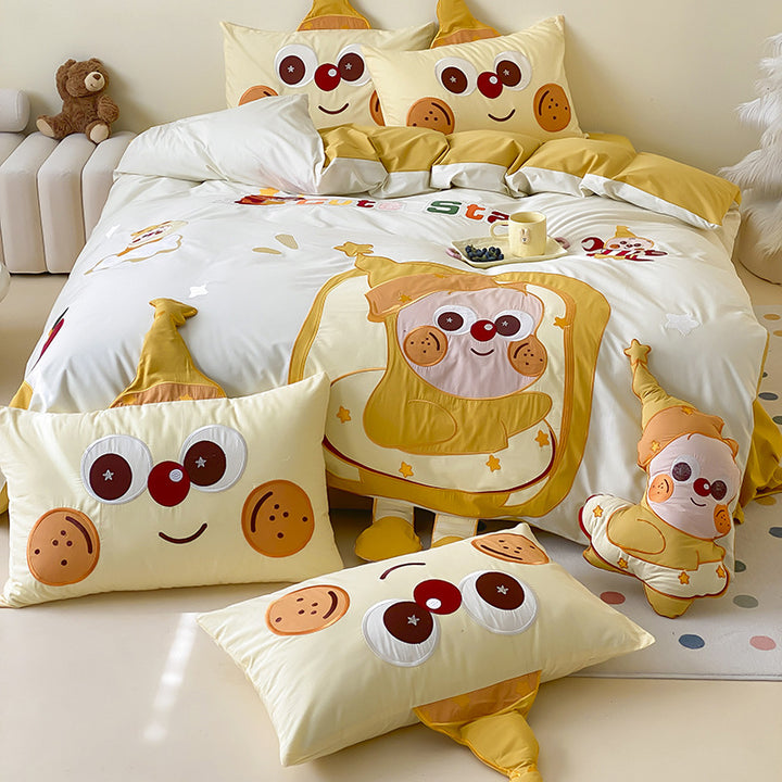 Kinder Cartoon Katze Baumwollsatin Bettbezug Set mit ohrförmigen Kissenbezügen und plüschigem Akzentkissen
