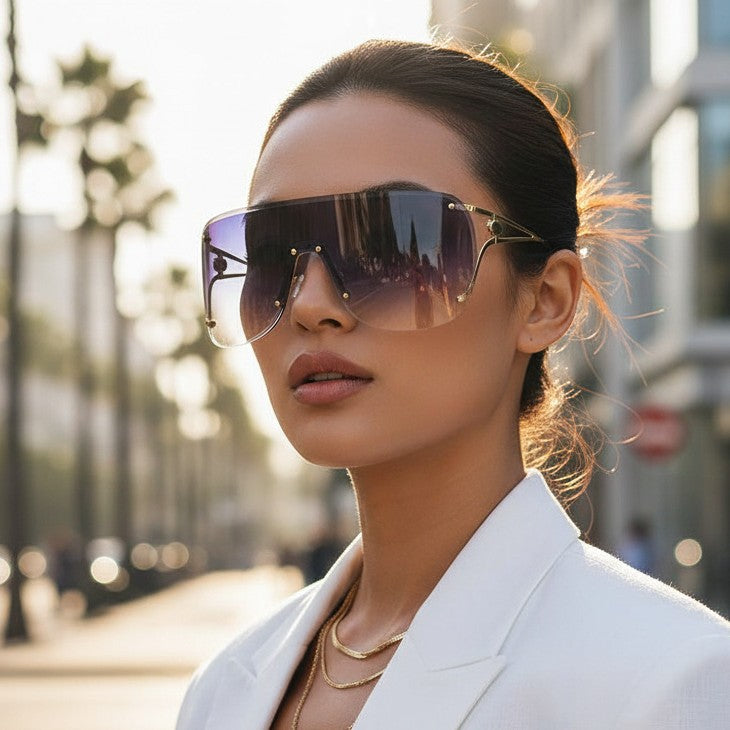 Damen visierartige Sonnenbrille mit elegantem Metallgestell Karnz