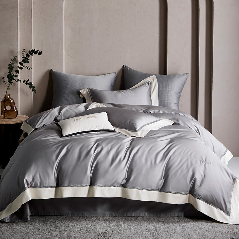 Elegantes Satin-Duvetbezug-Set mit kontrastierender Saumblende und feiner Biese