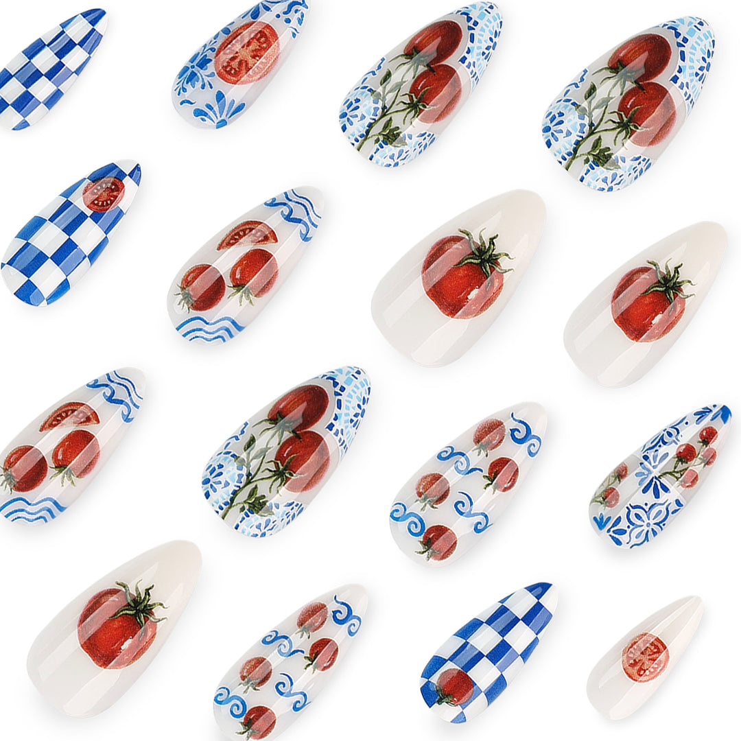 Kunstvolle Stiletto-Nägel mit fröhlichem Tomaten-Design Karnz