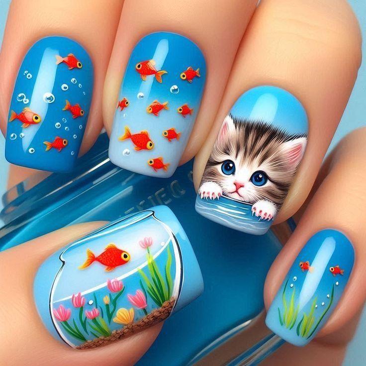 Kunstnägel mit Verspieltem Katzen- und Fisdesign Karnz
