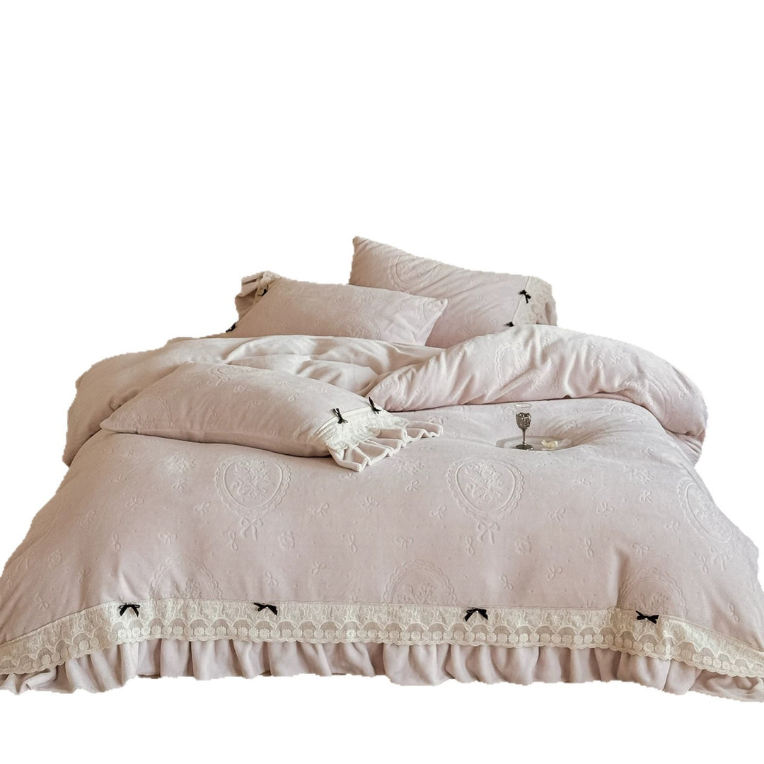 Vintage-inspirierte Jacquard-Medaillon-Rüsch-Bettbezug-Garnitur