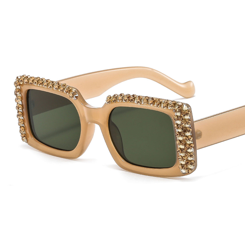Damen Glamouröse quadratische Sonnenbrille mit funkelndem Kristallrahmen Karnz