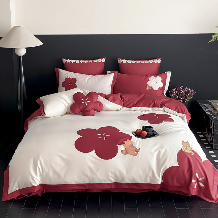 Floral Applikation Baumwollsatin Bettbezug Set mit dekorativen Kissenbezügen