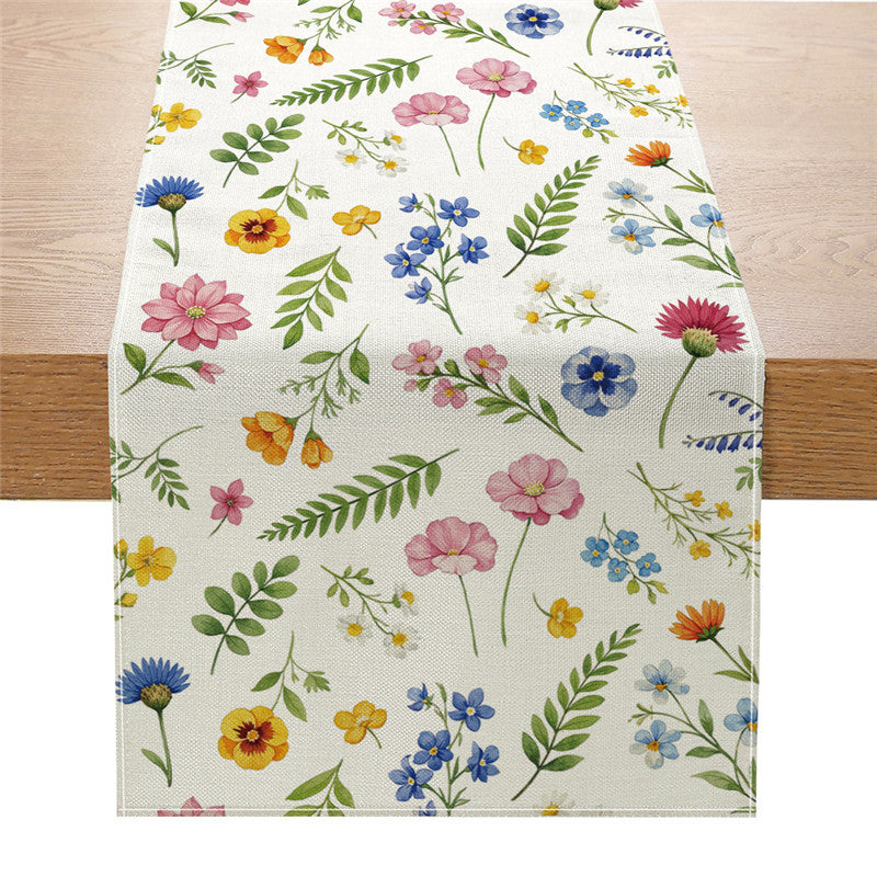 Dekorativer Leinenmischstoff-Tischläufer mit Aquarellblumen-Cascade und geometrischer Bordüre