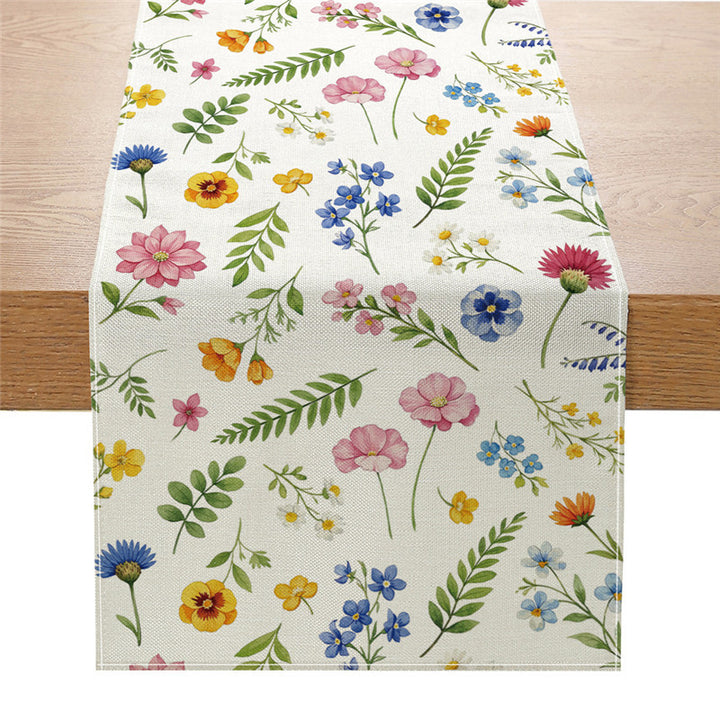Dekorativer Leinenmischstoff-Tischläufer mit Aquarellblumen-Cascade und geometrischer Bordüre