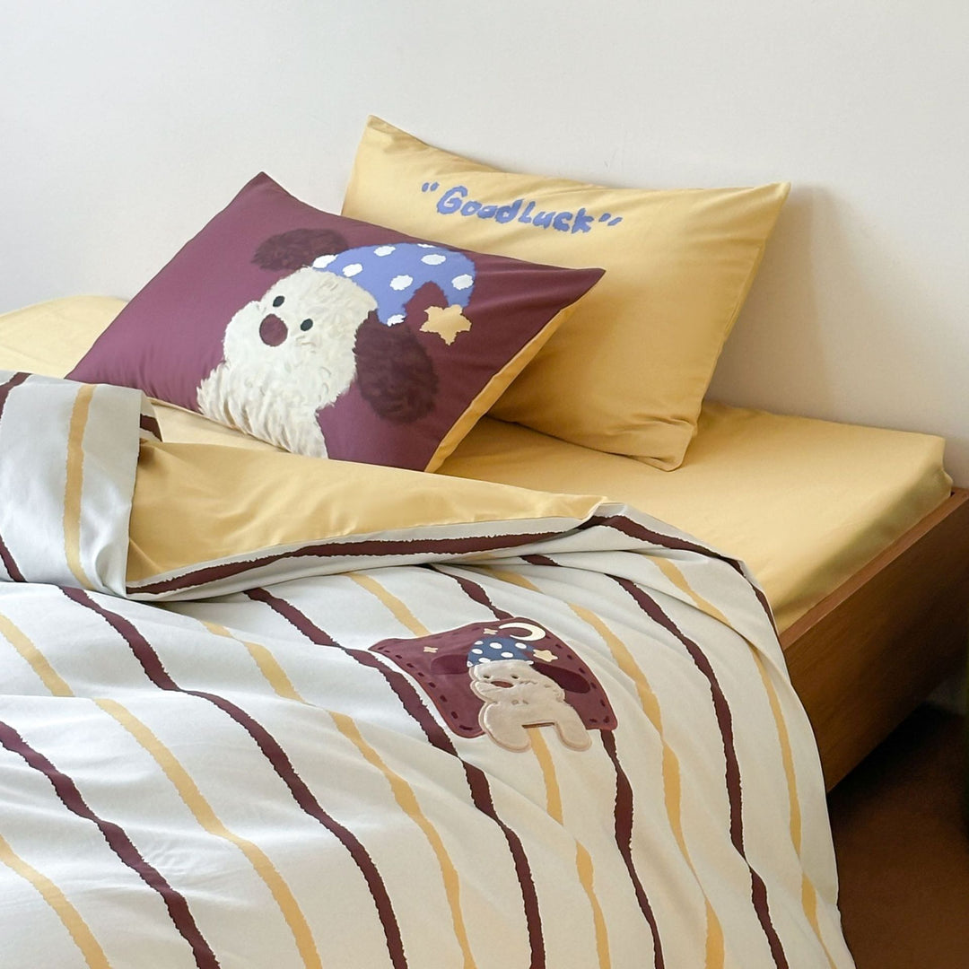 Gestreiftes Baumwollsatin Bettbezug-Set mit gesticktem Teddy-Applikation