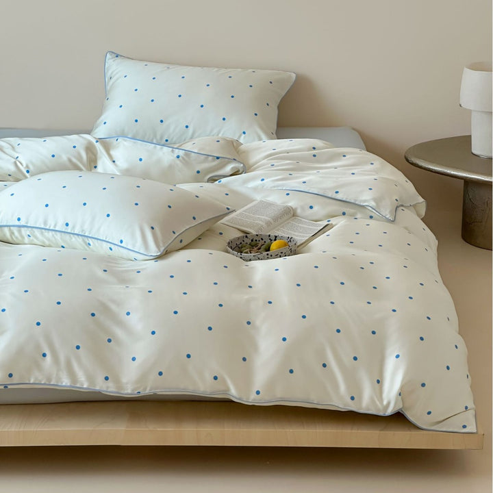 Polka-Dot Baumwollsatin Bettbezug Set mit kontrastfarbiger Paspel und Kissenbezügen