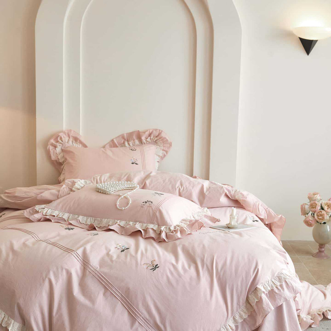 Ruffled Embroidered Cotton Duvet Cover Set with Lace Trim