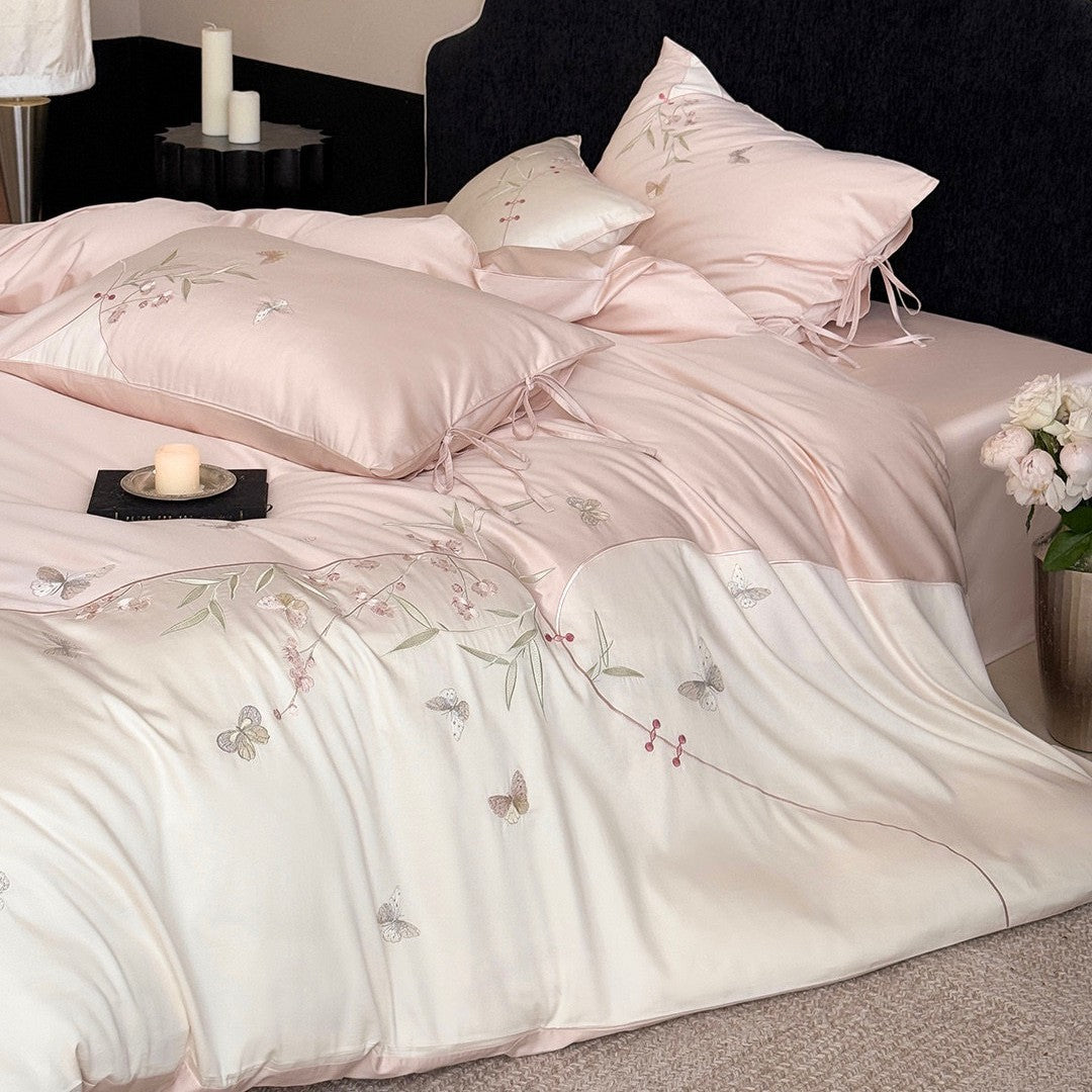 Bestickte Satin-feel Baumwollsatin Bettbezug Bettwäsche Set mit dekorativen Kissenbezügen