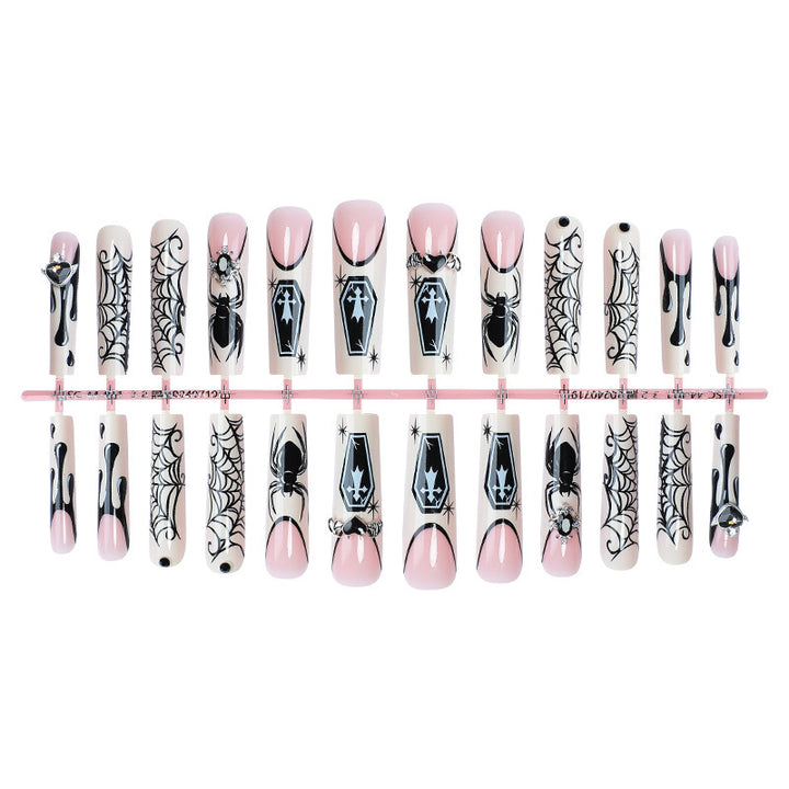 Gothic-Themen Press-On Nagelkunst Set mit Spinnen- und Sargdesigns