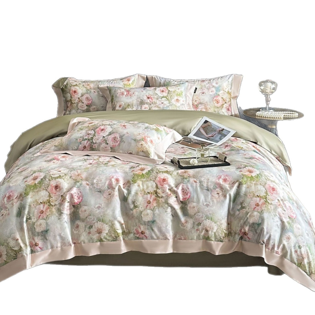 Premium-Baumwoll-Satin-Bettwäschegarnitur mit detailliertem Botanischem Toile-Motiv und Satinbordüre