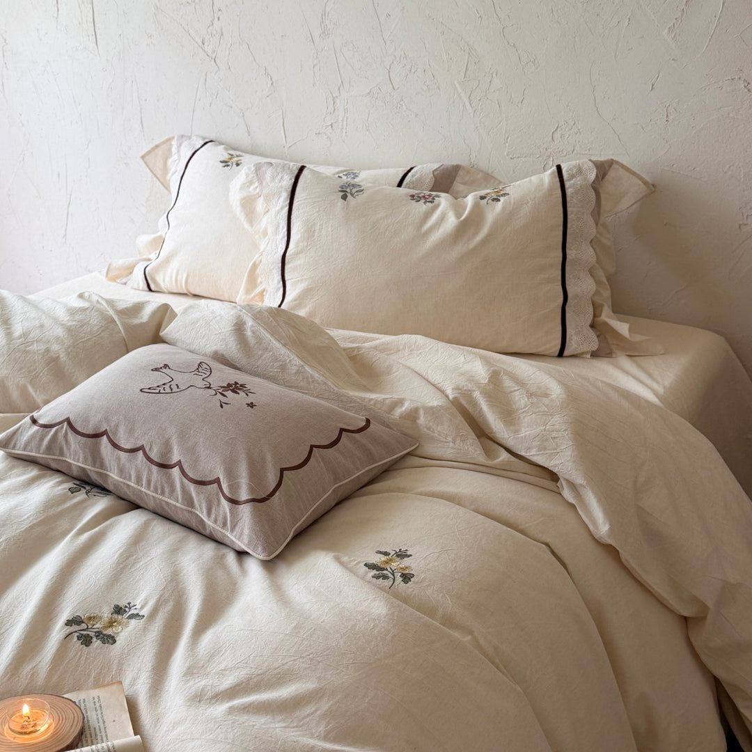 Botanisch Besticktes Leichtes Stonewashed Baumwoll-Leinen Bettbezugset