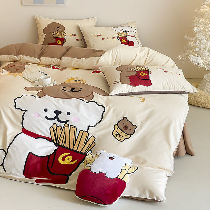 Kuscheliges Bettwäscheset mit niedlichen Cartoon-Hunden und Pommes-Design