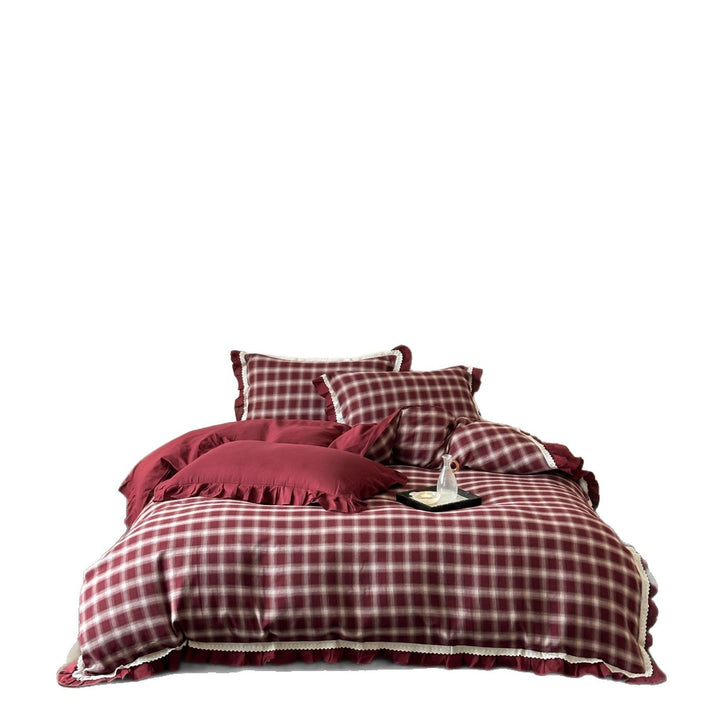Gekämmte Baumwolle Plaid Bettbezug Set mit Rüsche Saum und Spitzenbesatz