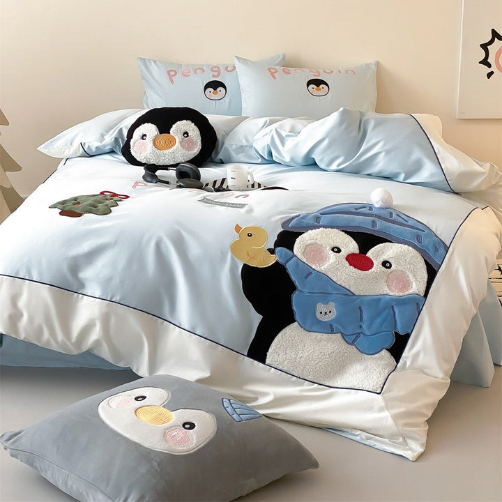Kinderbettwäsche-Set mit gestickten dreidimensionalen Pinguinapplikationen und weichem Baumwollsatin