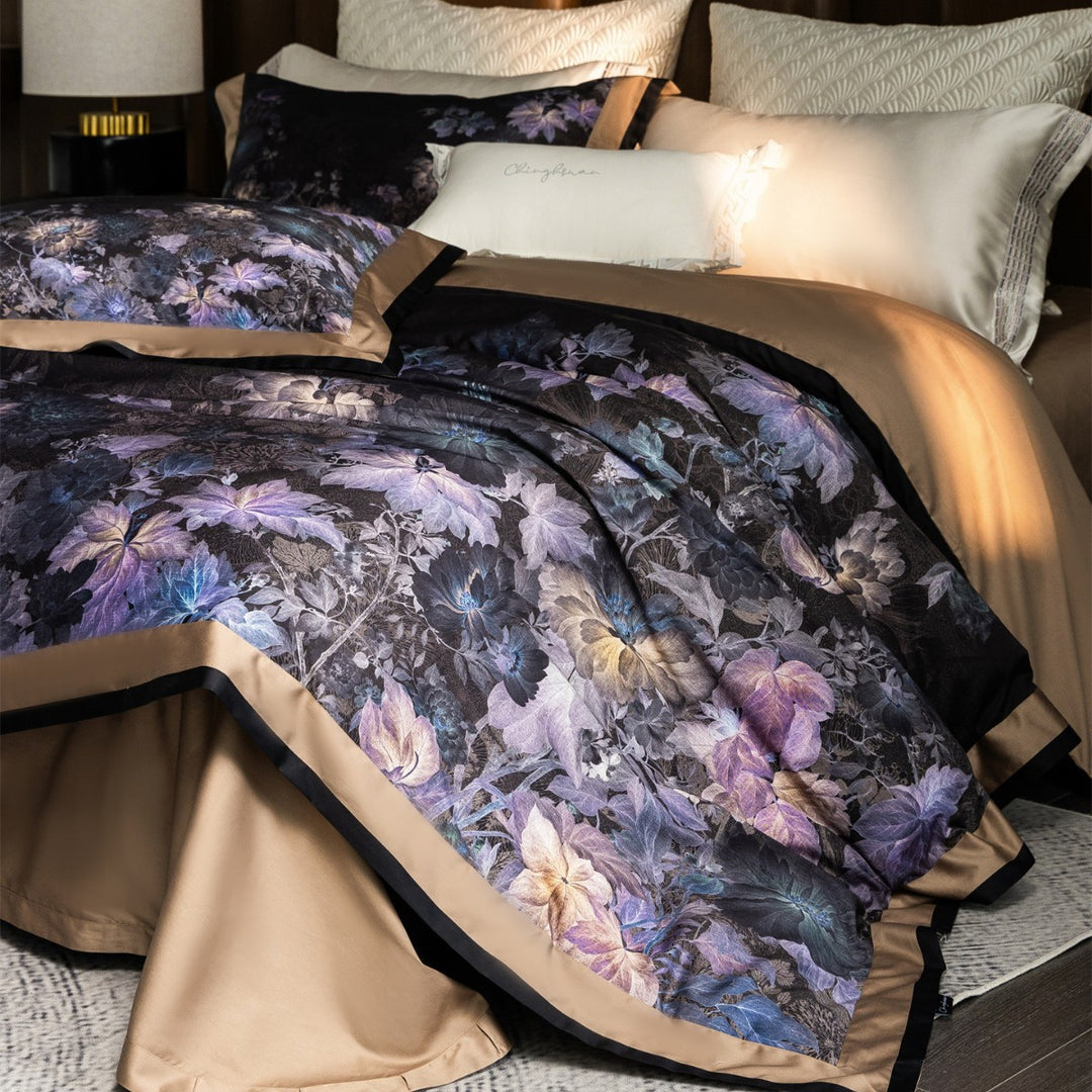 Luxuriöses Botanisches Jacquard-Satin-Bettdeckenbezug-Set mit Kontrastsaum und verdecktem Verschluss