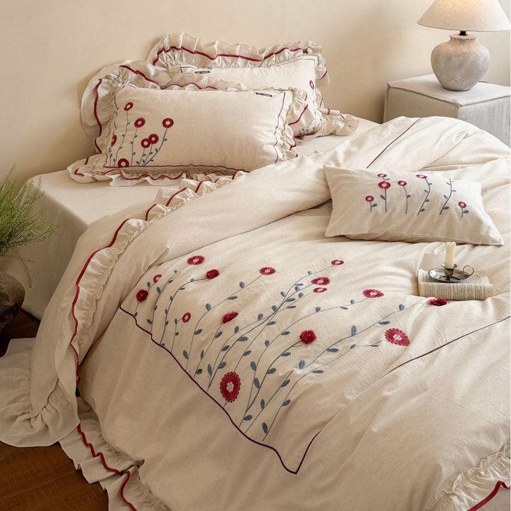 Bettwäsche-Set aus Baumwolle mit floraler Stickerei und verspieltem Rüschensaum