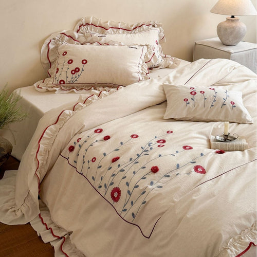 Bettwäsche-Set aus Baumwolle mit floraler Stickerei und verspieltem Rüschensaum