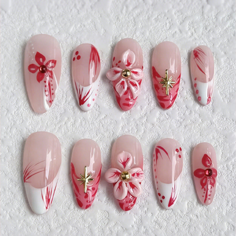 Kunstnagelset mit floralen Designs und 3D-Verzierungen Karnz