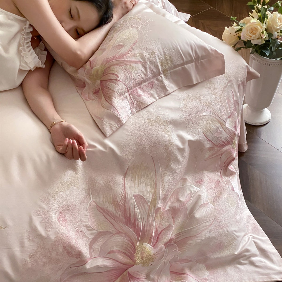 Ultra-Soft Seidengemütliches Floral Jacquard Bettbezug-Set mit gesticktem Blütenmotiv