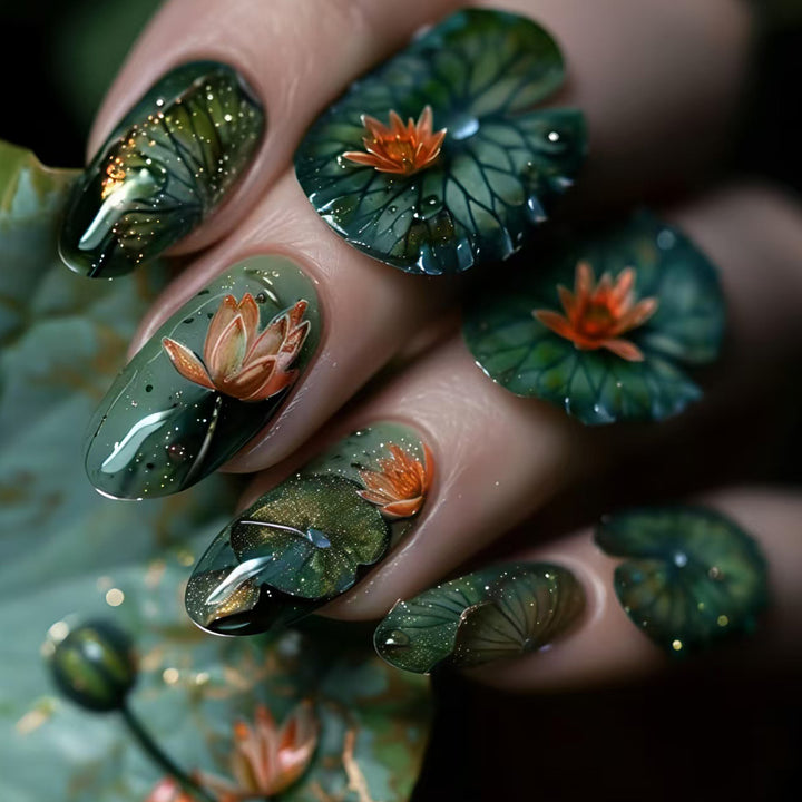 Künstliche Kunstnägel mit Elegantem Wasserlilien-Design Karnz