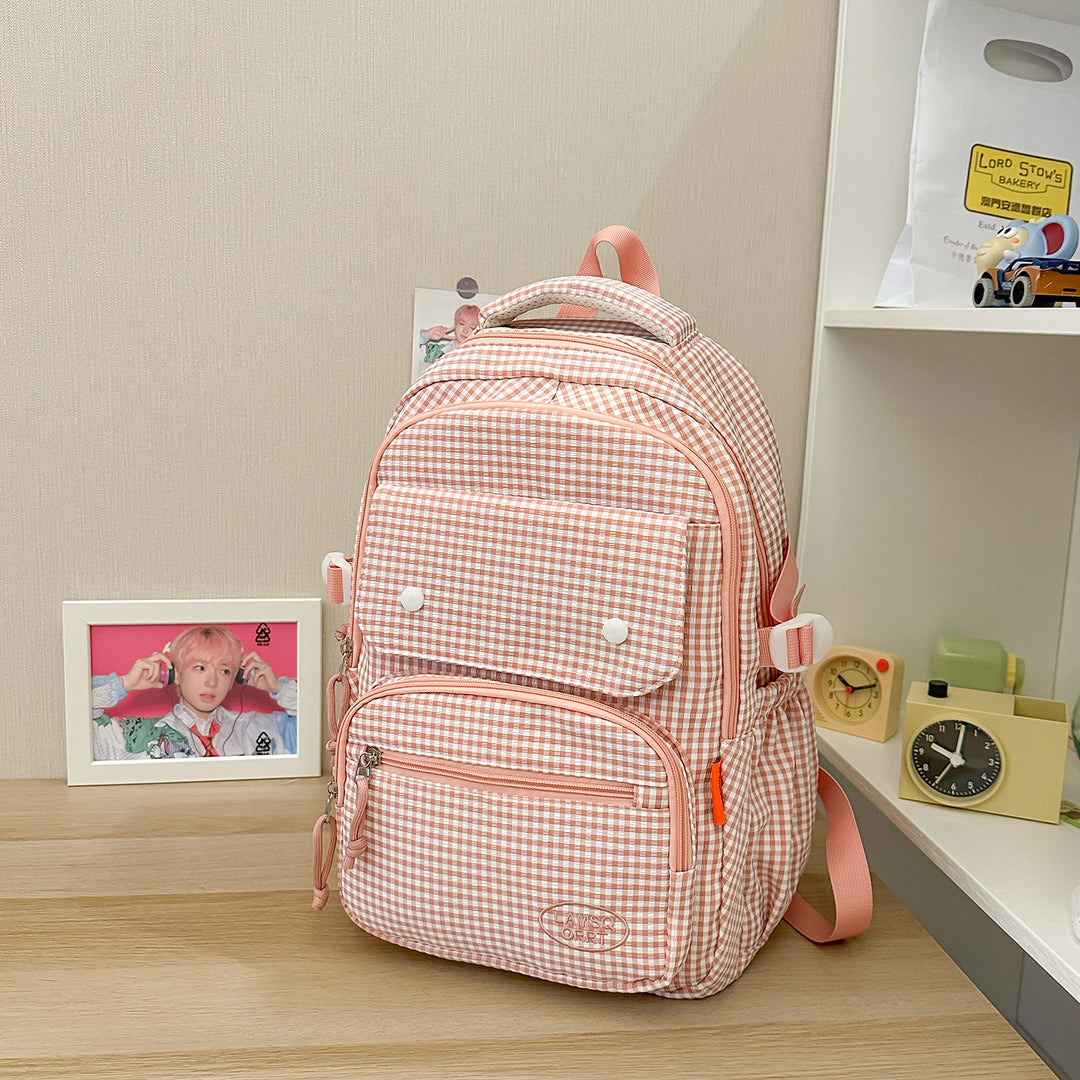 Gingham Print Mehrfach-Taschen Rucksack Karnz