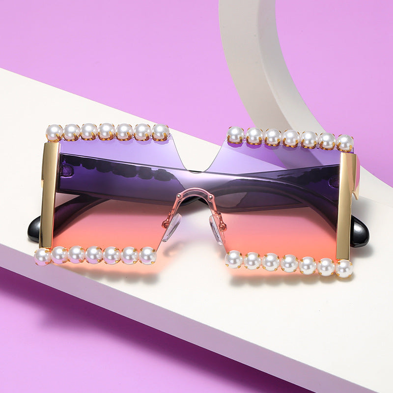 Damen extravagante Rechteck-Sonnenbrille mit Perlenschmuck und UV-Schutz Karnz