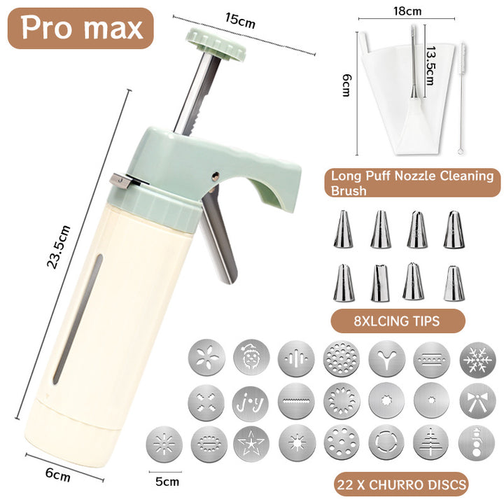 Handheld Cookie Press and Churro Maker with Assorted Piping Discs and Stainless Nozzles