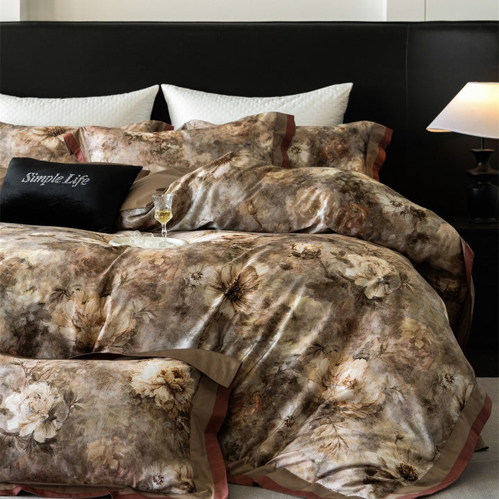 Luxuriöses Floral-Satin-Bettbezug-Set mit Randbesatz