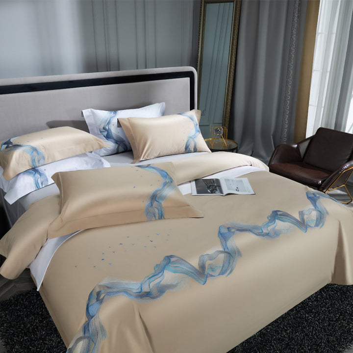 Luxus Baumwoll-Satin Bettwäsche Set mit fließendem Aquarell Wellenmuster & Oxford Kissenbezügen