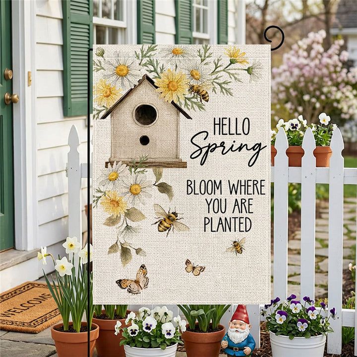 Dekorative Jute-Textur Willkommen Gartenflagge mit Blumenkorb-Illustration