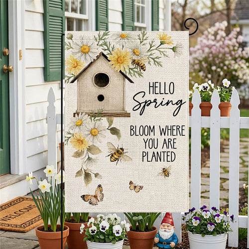 Dekorative Jute-Textur Willkommen Gartenflagge mit Blumenkorb-Illustration