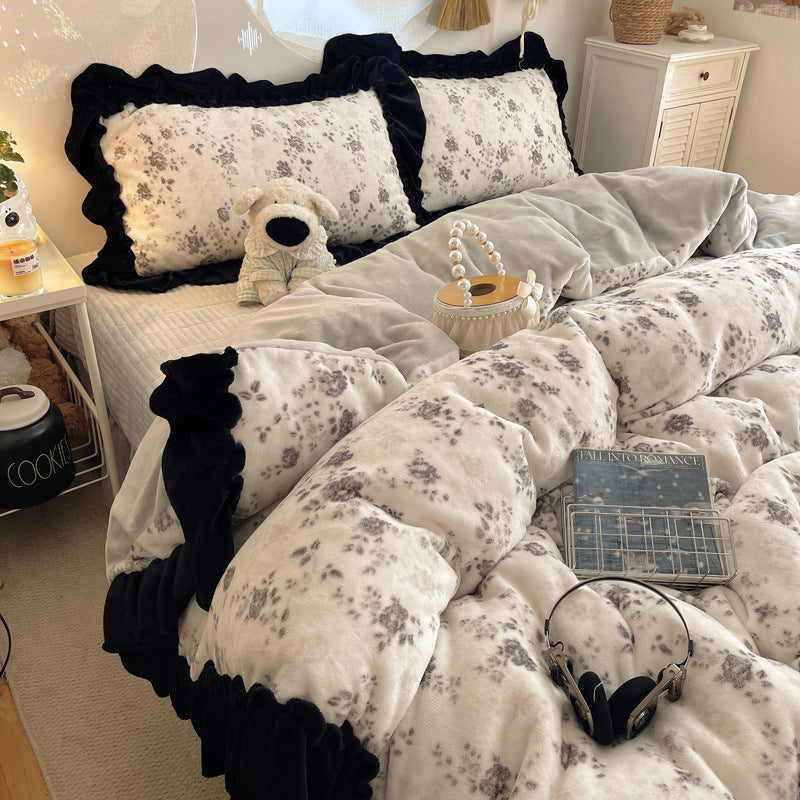 Rüsch-Plüsch Wendbare Bettwäsche Set mit Cartoon-Hase Druck und Flanell Kissenbezügen