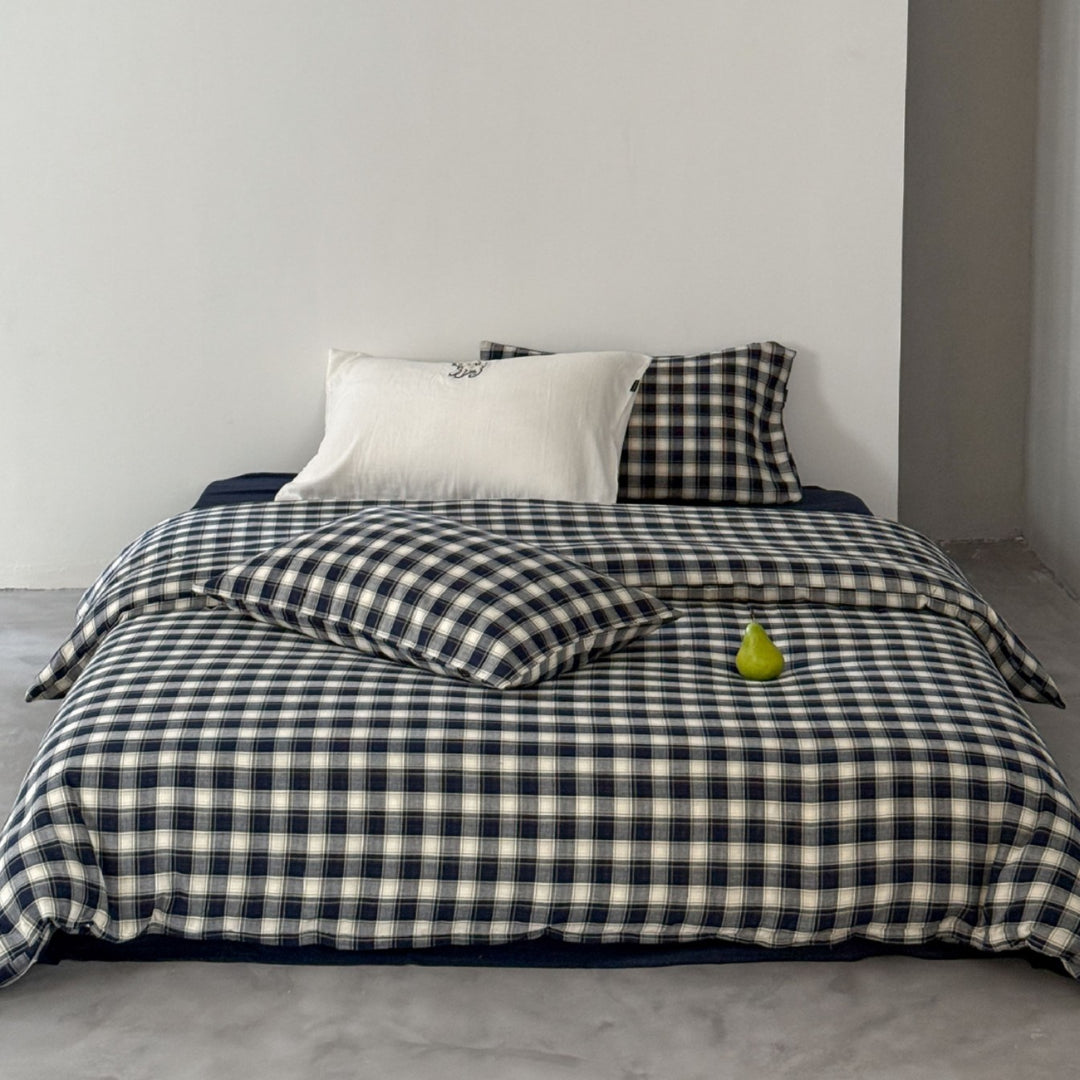 Patchwork-Plaid Wende-Bettwäsche-Set aus Baumwolle-Leinen mit Kissenbezügen