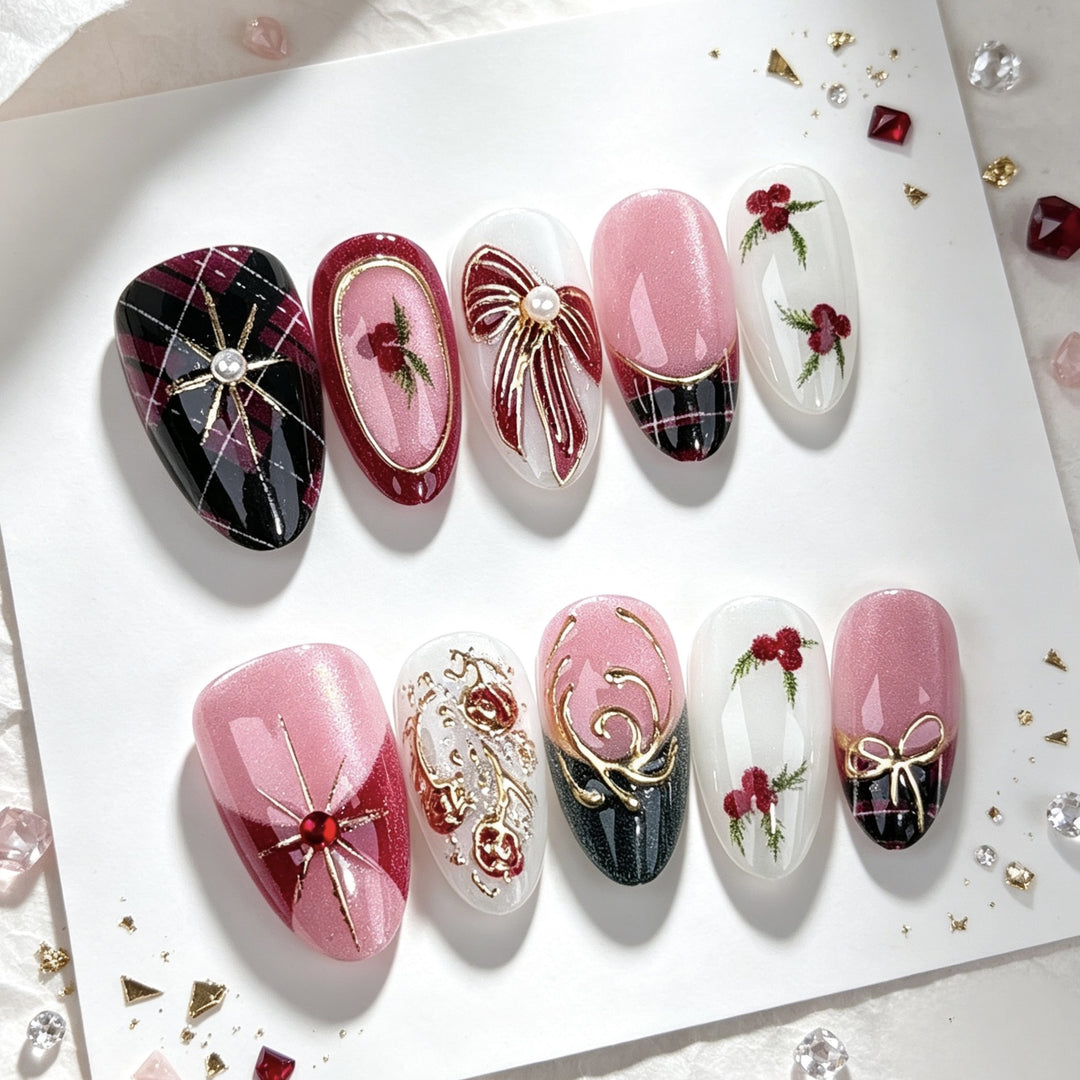 Künstlerisches, floral verziertes Press-On-Nagelset