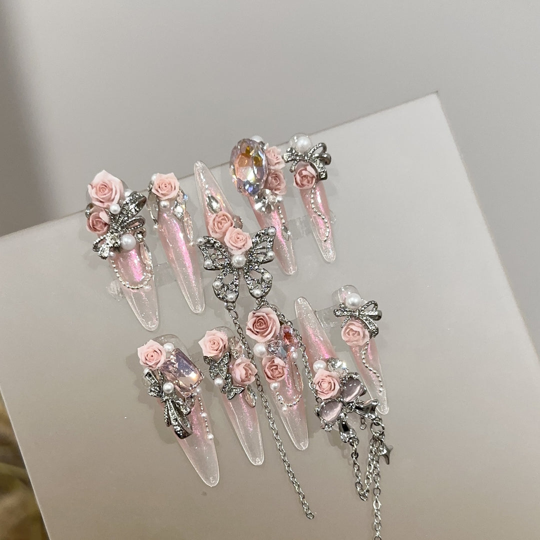 Blumenverzierte Stiletto Press-On Nagel Set