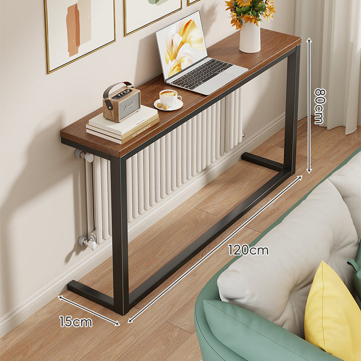 Schlanke schmale Konsole mit weißem Metallrahmen und Holzmaserung-Oberfläche