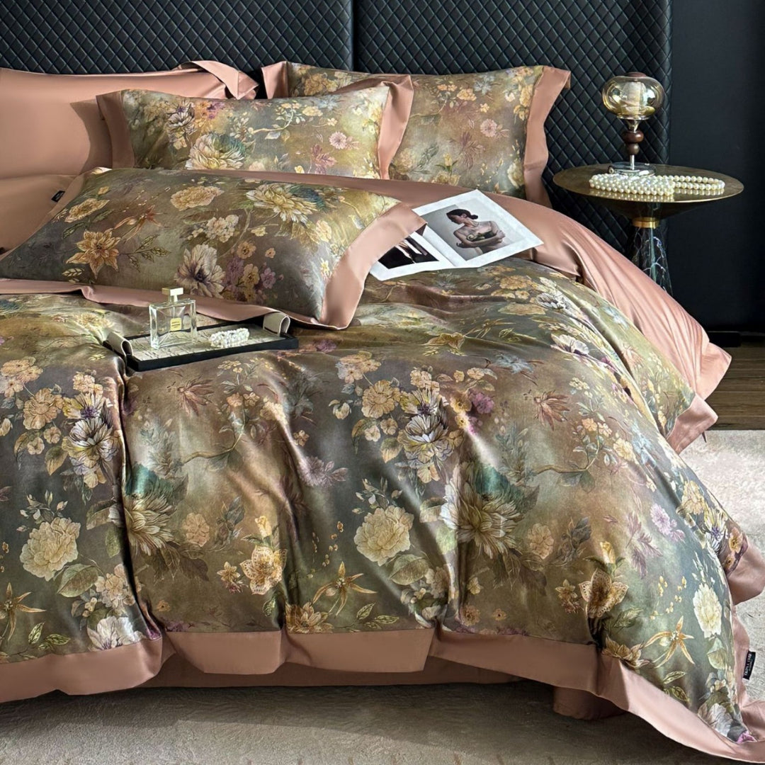 Premium-Baumwoll-Satin-Bettwäschegarnitur mit detailliertem Botanischem Toile-Motiv und Satinbordüre